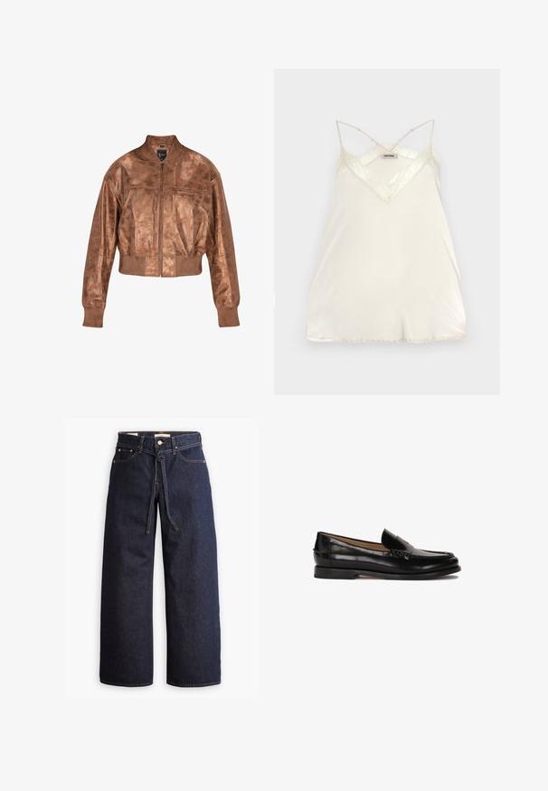 Barna bőrbomber dzseki, cropped fazonban, bordázott mandzsettákkal és cipzáras elülső részével. Simán textúrával és diszkrét fénylő hatással rendelkezik.; Világos krémszínű, állítható pántos camisole, V-kivágással, fűszerű csipke díszítéssel a nyakvonalon és a szegélynél, a részletek gazdagítása érdekében.; Széles lábú, sötétkék farmernadrág magas derékkal, húzózsinórral, öt zsebbel és kontrasztos varrással.; Fekete bőr mokaszin lekerekített orral, slip-on kialakítással és finom varrás részletekkel a felsőrészen. Lapos gumitalp.