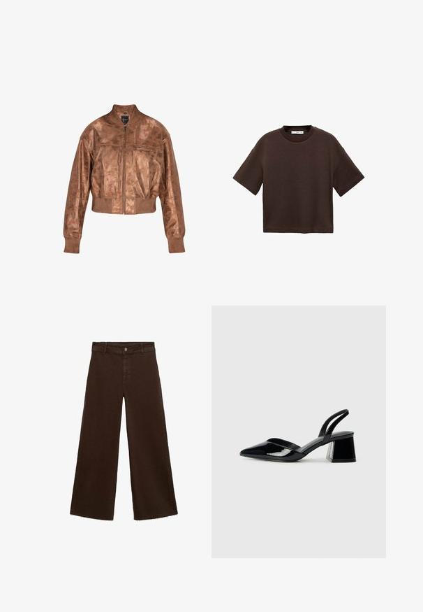 Brown leather bomber jacket with a cropped design, ribbed cuffs, and a zippered front. Features a smooth texture and subtle sheen.; Brown short-sleeve t-shirt made of soft cotton. Features a round neckline and a boxy fit, with a smooth texture and no visible patterns.; Brown wide-leg trousers in cotton blend, featuring a frayed hem, front button closure, and classic five-pocket design. Minimalistic and versatile.; Black patent leather slingback heels with a pointed toe and a geometric block heel. Features a sleek, minimal design and smooth texture.
