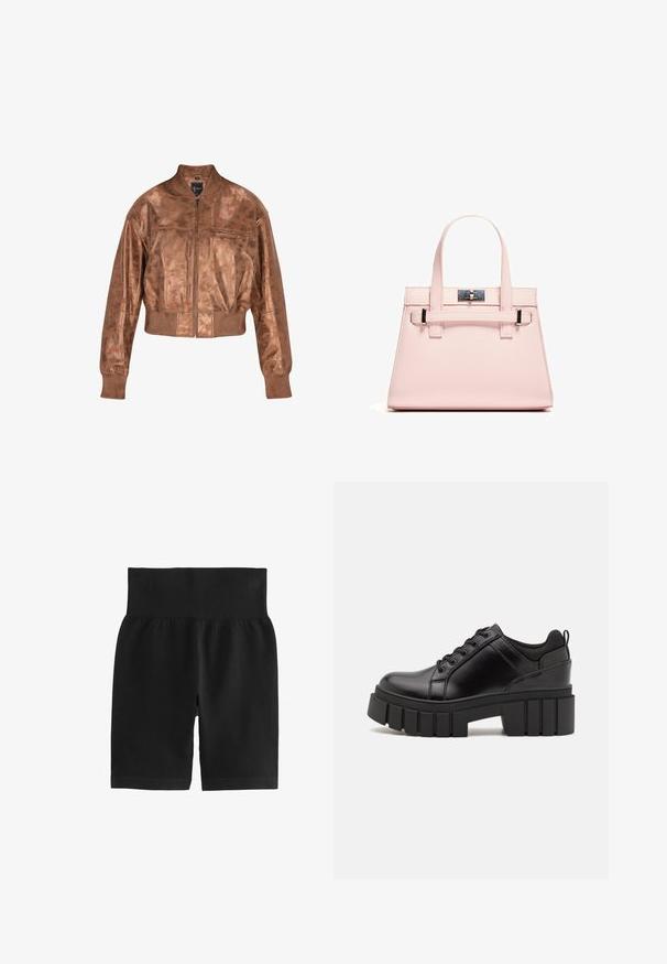 Brahno usnjeni bomberski jopič z skrajšano zasnovo, rebrastimi manšetami in zadrgo spredaj. Ima gladko teksturo in subtilen lesk.; Črne in bele majice, okrogli vrat, kratki rokavi. Črna majica ima richelieu vezenje sonca v rumeni barvi; bela ima vijolični naglavni mesec.; Črne rebraste kratke hlače z širokim elastičnim pasom, gladko teksturo in prilegajočim dizajnom. Material je raztegljiv za lažje gibanje.; Črne usnjene platforme z debelim blokastim petam, okroglo konico in klasičnim vezanjem. Imajo gladko teksturo in minimalne podrobnosti.; Roza strukturirana torba iz teksturirane kože, ki ima dva zgornja ročaja, zapiralo na sponko in kontrastne kovinske detajle.