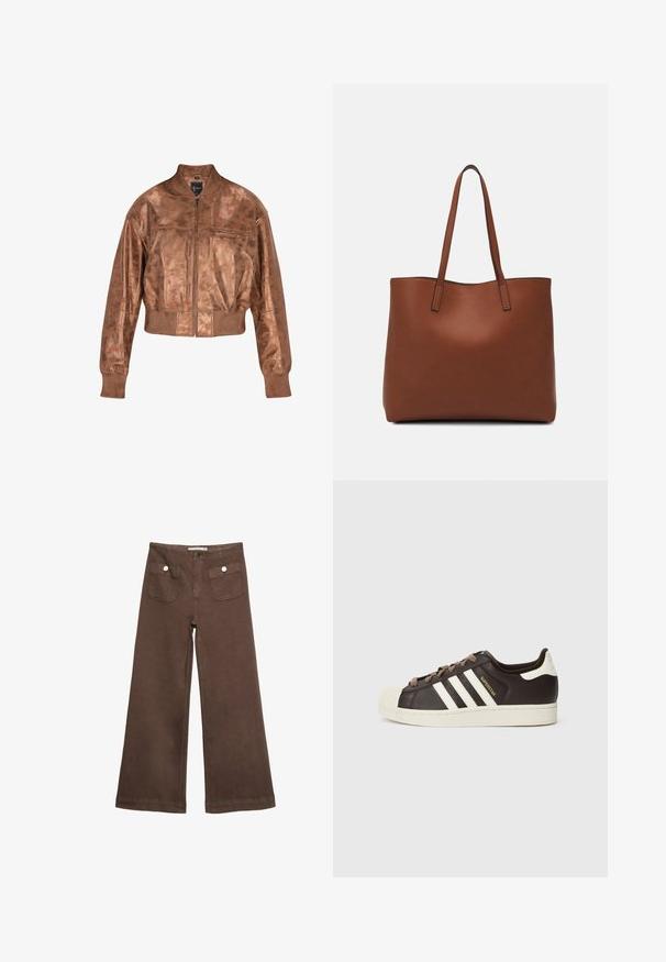 Hnědá kožená bombardérka s cropped designem, žebrovanými manžetami a zipovým zapínáním. Má hladkou texturu a jemný lesk.; Hnědé tričko s krátkým rukávem vyrobené z měkké látky, s kulatým výstřihem a volným střihem. Bez viditelných vzorů nebo dekorací.; Hnědé široké kalhoty vyrobené z bavlny, s dvěma předními kapsami a stříbrnými knoflíky, s hladkou texturou.; Nízký teniska Adidas Superstar z tmavě hnědé kůže s krémovou špičkou, bílými pruhy a nápisem "Superstar" na boku.; Hnědá kožená taška přes rameno s hladkou texturou, otevřeným designem a dvěma ramenními popruhy. Obsahuje minimální švy a žádné viditelné kovové prvky.