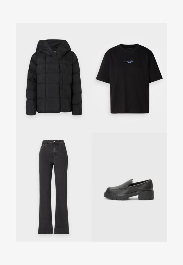 Črna puffer jakna s kapuco, ki ima prešito teksturo in preveliko silhueto. Mehka tkanina z sprednjim zapiranjem in minimalističnim dizajnom.; Črna bombažna majica s krožnim izrezom, kratkimi rokavi in modrim vezenim logotipom "Calvin Klein JEANS" na sprednji strani.; Črne kavbojke s visokim pasom in razširjenimi hlačnicami, narejene iz denima, z gumbom za zapiranje, zankami za pas in stranskimi žepi. Gladka tekstura z minimalnim bledenjem.; Črne usnjene loafers čevlje z zaobljenim nosom, debelim teksturiranim podplatom in minimalnimi šivi. Elegantna zasnova brez vidnih vezalk ali kovinskih delov.