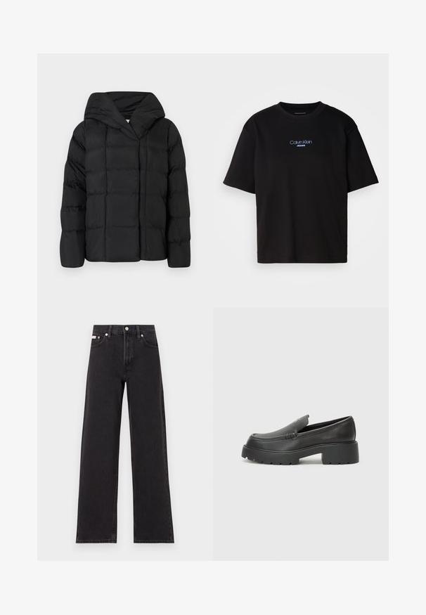 Mustad must puffer-jakk kapuutsiga, millel on tikitud tekstuur ja ülemõõdulised siluett. Pehme kangas ees sulgemisega ja minimalistlik disain.; Mustmust särk ümmarguse kaelusega, lühikeste varrukatega ja sinise tikandiga "Calvin Klein JEANS" logo ees.; Mustad laiad mustad teksad, millel on kõrge vöökoht, viie tasku stiil ja metallist nööpkinnitus kontrastsete õmblustega.; Mustad nahast loafers ümarate varvastega, paksu tekstuuriga tald ja minimaalsete õmbluse detailidega. Viimistletud disain, kus pole nähtavaid paelu ega riistu.