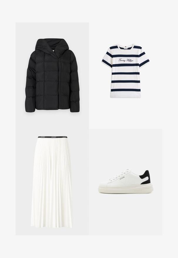 Svart puffjakke med hette, med en quiltet tekstur og oversized silhuett. Mykt stoff med frontlukking og et minimalistisk design.; Koftet laget av bomull har horisontale marineblå striper på hvit bakgrunn. "Tommy Hilfiger" brodert i kursiv på brystet. Rund hals.; Plissert hvit skjørt med en svart elastisk midje som har "LACOSTE"-logoen. Midjelengde design med myk tekstur.; Hvite lær sneakers med tykk hvit såle, svart semsket hælforsterkning og preget logo på siden. Snøresystem med seks hull.