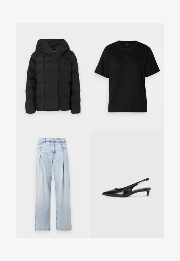 Chaqueta de plumón negra con capucha, que presenta una textura acolchada y una silueta oversize. Tejido suave con cierre frontal y un diseño minimalista.; Camiseta de algodón negra con cuello redondo, mangas cortas y un logo bordado en el pecho. Ajuste simple y relajado sin patrones.; Jeans de mezclilla azul claros con cintura alta, corte de pierna ancha, dos bolsillos laterales y un diseño plisado. Textura suave con un acabado deslavado.; Tacones negros de piel sintética tipo slingback con punta afilada, que cuentan con un tacón delgado y un detalle en tono dorado en la correa ajustable. Textura suave.