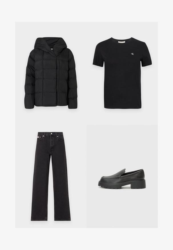 Sort pufferjakke med hætte, der har en quiltet tekstur og oversized silhuet. Blødt stof med frontlukning og minimalistisk design.; Sort bomulds t-shirt med en klassisk crew neck, korte ærmer og et lille hvidt broderet "ck" logo på brystet.; Sorte vidde jeans lavet af denim, med høj talje, fem-lomme stil og en metalknap lukning med kontrasterende syninger.; Sorte læder loafers med rund tå, tyk tekstureret sål og minimale syninger. Elegant design uden synlige snørebånd eller hardware.