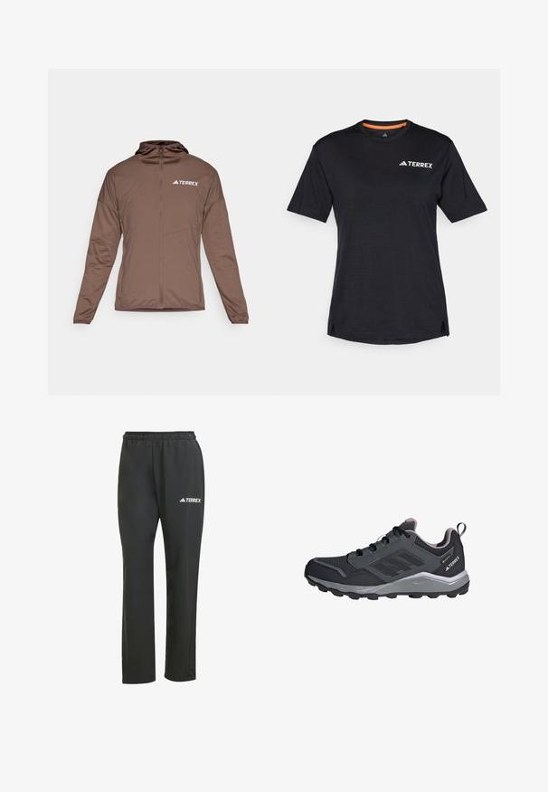 Brun zip-jacka med långa ärmar, framzipning och huva. Har en slät textur och "TERREX"-logotyp i vitt på bröstet.; Svart kortärmad T-shirt med rund halsringning, med en subtil melerat struktur och vit "TERREX"-logotyp på den övre vänstra sidan.; Svarta lätta byxor med elastisk midja. Utrustade med en subtil "TERREX"-logotyp i vitt. Smidigt tyg och raka ben.; Svarta sportskor med grå detaljer, övre del i syntetiskt mesh, vadderad sula, snörningssystem och strukturerad yttersula för bra grepp.