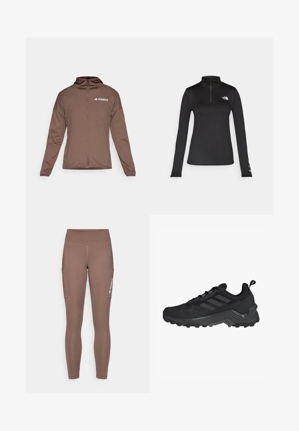 Smeđa jakna na zip s dugim rukavima, prednjim zatvaračem i kapuljačom. Ima glatku teksturu i bijeli "TERREX" logo na prsima.; The North Face FLEX 1/4 ZIP GRAPHIC - Top dugih rukava - black; Smeđe atletske tajice s visokim strukom, s bočnim džepovima i bijelim logotipom. Glatka, rastezljiva tkanina za udobnost i pokretljivost.; Crna atletska cipela s mrežastim gornjištem, dizajnom s tri pruge, oblikovanim petnim dijelom i robusnom vanjskom školjkom s istaknutim uzorcima za prianjanje.