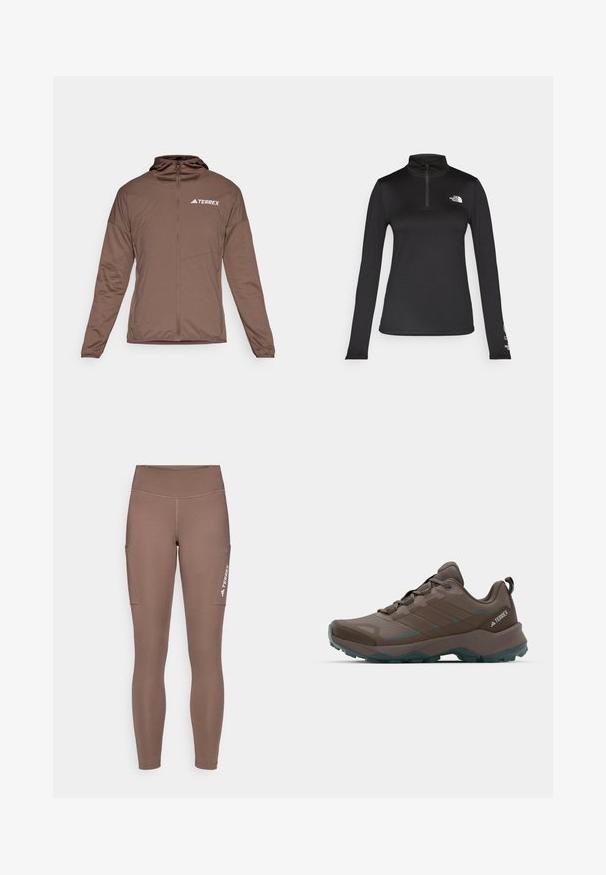 Ruskea vetskari takki, jossa on pitkät hihat, edessä vetskari ja huppu. Ominaisuuksiin kuuluu sileä pinta ja valkoinen "TERREX"-logo rinnassa.; The North Face FLEX 1/4 ZIP GRAPHIC - Pitkähihainen paita - black; Ruskeat urheiluleggingsit korkean vyötärönauhalla, joissa on sivutaskut ja valkoinen logo. Liukas, joustava kangas mukavuutta ja liikkuvuutta varten.; Harmaat ja turkoosit vaelluskengät, joissa on verkkomaiset paneelit, teksturoitu päällinen ja rugged-kumiaulakosa. Varustettu pehmustetulla kielillä ja nauhakiinnityksellä.