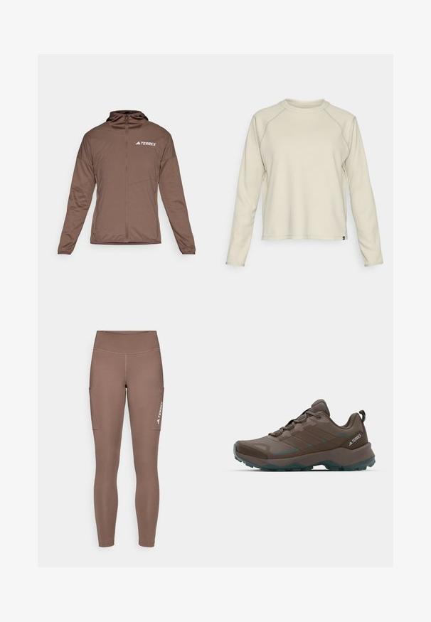 Brązowa kurtka zapinana na zamek z długimi rękawami, zamknięcie z przodu na zamek i kaptur. Charakteryzuje się gładką fakturą oraz białym logo "TERREX" na piersi.; Jasno beżowa bluzka z długim rękawem o teksturowanym, prążkowanym wzorze. Posiada rękawy raglanowe oraz okrągły dekolt. Dyskretny logo marki na dole.; Brązowe legginsy sportowe z wysokim stanem, posiadające boczne kieszenie i białe logo. Gładki, elastyczny materiał zapewniający komfort i swobodę ruchów.; Szare i turkusowe buty trekkingowe z siateczkowymi panelami, teksturowanym cholewką i szorstką gumową podeszwą. Posiadają wyściełany język i sznurowany fason.