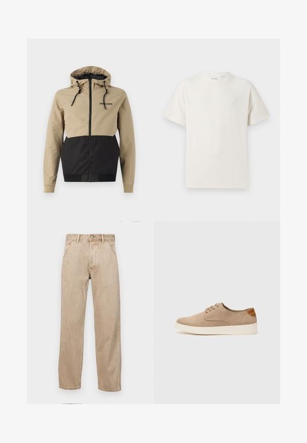Kurtka z kapturem, z beżową górną częścią i czarnymi dolnymi panelami, wykonana z gładkiego materiału, z sznurkami ściągającymi i zamkiem błyskawicznym z przodu.; Biała krótka koszulka z krótkim rękawem o żebrowanej fakturze. Okrągły dekolt, luźny krój, brak widocznych wzorów lub akcentów. Prosty i uniwersalny design.; Beżowe dżinsy o prostym kroju, z przednimi kieszeniami, metalowym zapięciem na guzik i delikatną teksturą.; Beżowe zamszowe sneakersy z okrągłym noskiem, sznurowanym przodem i teksturowanym akcentem na tyle. Biała gumowa podeszwa tworzy kontrast. Prosty i nowoczesny design.