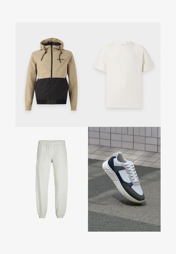 Kapütsi jaotusega jakk, millel on beež ülaserv ja must alumine paneel, valmistatud siledast materjalist, millel on reguleeritavad nöörid ja eesmine lukustus.; Valge lühikeste varrukatega T-särk ribakudumises. Ümar kaelus, mugav lõige, nähtavad mustrid ega aksessuaarid puuduvad. Lihtne ja mitmekesine disain.; Valged trennipüksid, mis on valmistatud pehmest kangast, elastse vöökoha ja mansettidega, sileda tekstuuri ja lõdva lõikega.; Valge, mereväe sinine ja hall spordijalats, millel on segatud materjalide disain, tekstureeritud ülemine osa, lame pael ja pehme talla.