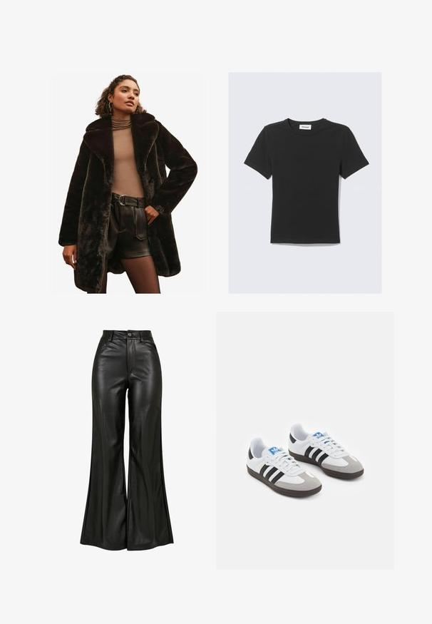 Friends Like These LONGLINE - REGULAR FIT - Žieminis paltas - black; Juoda trumpomis rankovėmis medvilninė marškinėliai, suapvalintu kaklu ir įprasto silueto, be matomų raštų ar akcentų.; Juodi odiniai pločio kojos keliai su lygiomis tekstūromis, turintys aukštą juosmenį, mygtuko užsegimą ir priekinėmis kišenėmis. Plati kojų konstrukcija ir blizgus apdaila.; Sportiniai batai su balta odine viršutine dalimi, pilku zomšiniu priekiu ir trimis juodomis juostelėmis. Ant liežuvio yra mėlynas logotipas, o padas pagamintas iš tekstūruoto gumos.