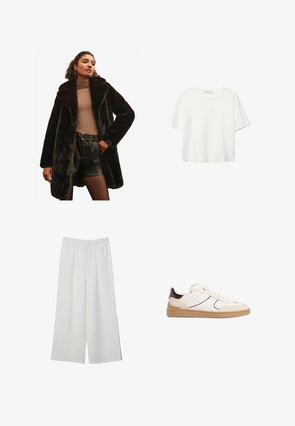 Friends Like These LONGLINE - REGULAR FIT - Zimski plašč - black; Bela kratka majica s kratkimi rokavi iz bombaža. Ima okroglo izrezovanje in sproščen kroj. Gladka tekstura brez vidnih vzorcev ali poudarkov.; Bele široke hlače iz lahkega materiala, ki imajo elastičen pas in vrvico za prilagajanje. Gladka tekstura.; Stradivarius Športni copati - white