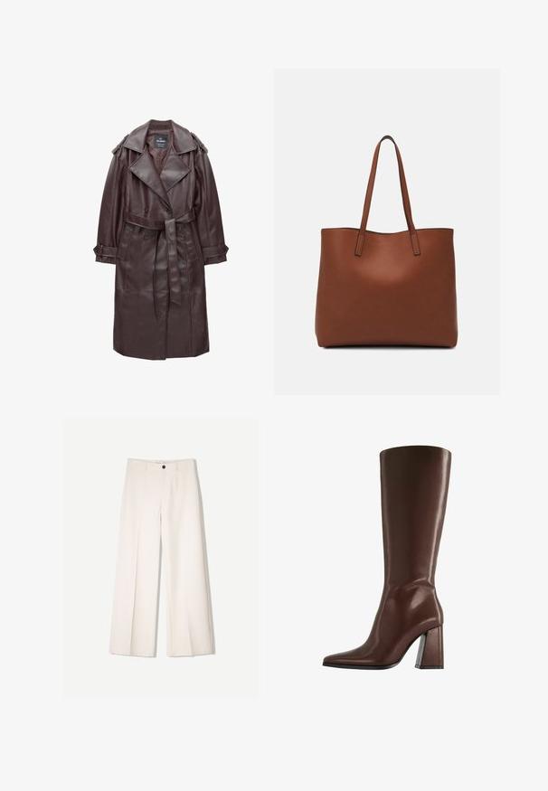 Trench coat in finta pelle marrone scuro con ampi revers, bottoni doppi, vita con cintura e polsini con bottoni su sfondo bianco.; Top scollato, di colore marrone scuro, realizzato in un materiale a maglia aderente. Caratterizzato da maniche lunghe e un design corto con una texture liscia.; Pantaloni larghi color crema con design sartoriale, dotati di due tasche frontali e una chiusura con bottone anteriore, realizzati in tessuto liscio.; Stivale marrone in pelle alto fino al ginocchio con punta a punta e tacco medio spesso, mostrato di profilo su sfondo bianco.; Borsa tote in pelle marrone con texture liscia, design con apertura superiore e due spallacci. Presenta cuciture minime e nessun hardware visibile.