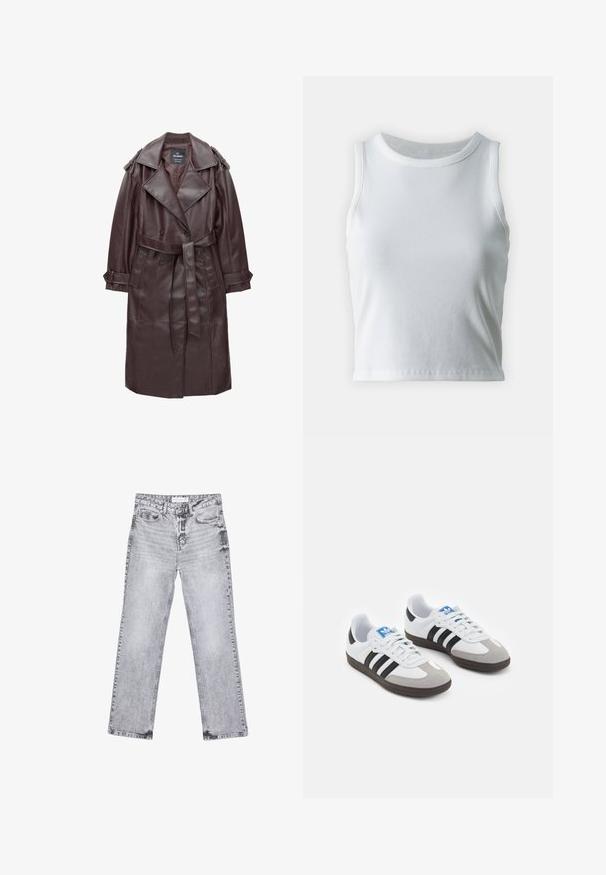 Temno rjav plašč iz umetnega usnja s širokimi reverji, dvojno zadrgo, pasom in gumbi na manšetah na belem ozadju.; Bela rebrasta majica brez rokavov z okroglo izrezom, s pravo hem in gladko, elastično strukturo.; Sive traperice z ravnim krojem, z obdelanimi detajli, petimi žepi in bakrenimi zakovicami. Pas ima oznako z logotipom.; Športni čevlji z belim usnjenim zgornjim delom, sivim semišem na prstih in tremi črnimi črtami. Imajo modro logo na jeziku in teksturiran gumijast podplat.