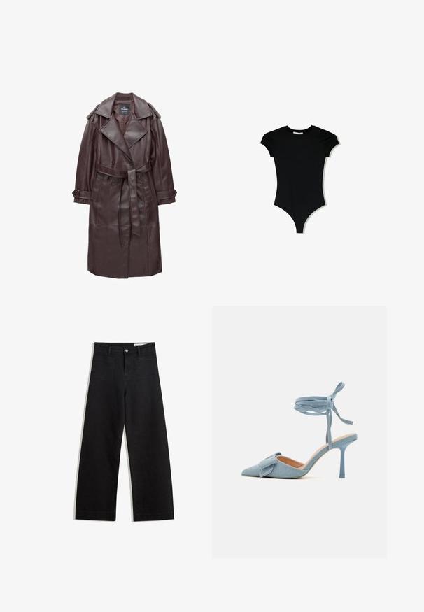 Donkerbruine nep leren trenchcoat met brede revers, dubbele knopen, een ceintuur in de taille en knoopmanchetten op een witte achtergrond.; Zwart short-sleeve body met een ronde halslijn en hoge beenopeningen, gemaakt van een gladde, rekbare stof.; Zwarte denim broek met wijde pijpen en een hoge taille, voorzien van voor- en achterzakken, gestikte naden en een knoopsluiting. Gladde textuur.; Puntige stilettohakken in lichtblauw stof met een gestructureerde afwerking, voorzien van een strikaccent en enkelband voor een veilige pasvorm.