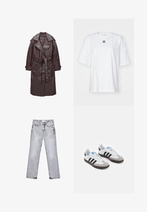 Ciemnobrązowy płaszcz trench z faux skóry z szerokimi klapami, podwójnymi guzikami, paskiem w talii i zapinanymi mankietami na białym tle.; Biała, krótko rękawowa koszulka z bawełny. Posiada okrągły dekolt oraz małe, czarne logo Adidas na klatce piersiowej. Proste zakończenie.; Szare dżinsy o prostym kroju nogawki, z przetarciami, pięcioma kieszeniami i miedzianymi nitami. Pasek w talii posiada metkę z logo.; Buty sportowe z białą skórzaną cholewką, szarym zamszowym noskiem i trzema czarnymi paskami. Posiadają niebieskie logo na języku oraz teksturowaną gumową podeszwę.