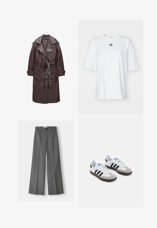 Trench coat in finta pelle marrone scuro con ampi revers, bottoni doppi, vita con cintura e polsini con bottoni su sfondo bianco.; T-shirt bianco a maniche corte in cotone. Presenta un collo rotondo e un piccolo logo Adidas nero sul petto. Orlo dritto.; Pantaloni a gamba larga grigi con motivo a righe, dotati di chiusura con bottone e due tasche frontali. Realizzati in tessuto testurizzato.; Scarpe sportive con tomaia in pelle bianca, punta in suede grigia e tre strisce nere. Presentano un logo blu sulla linguetta e una suola in gomma testurizzata.