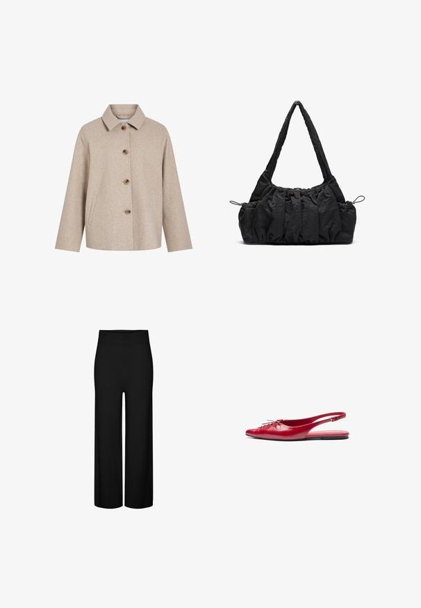 Veste en mélange de laine beige avec un col, cinq boutons bruns, poches latérales et une silhouette carrée. Texture douce et design minimaliste.; Pull en tricot beige avec un col montant côtelé, des poignets et un ourlet, présentant des détails de surfilage noir aux épaules et sur les manches supérieures.; Pantalons noirs à jambes larges avec une taille élastique, présentant une texture lisse et sans motifs ni accents visibles.; Chausson plat en cuir rouge avec un bout pointu et un détail de lacets décoratif sur le devant, présentant une fine bride à la cheville et une semelle plate.; Sac à main en tissu noir avec texture froncée, deux poignées pour l'épaule et fermeture à cordon sur les côtés. Matériau lisse et léger.