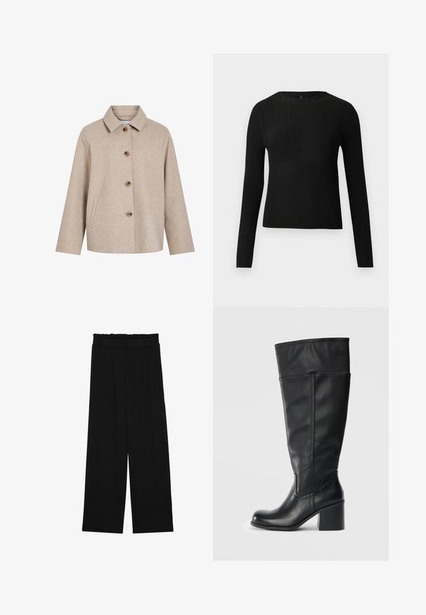 Biežs vilnas maisījuma žakets ar apkakli, piecām brūnām pogām, sānu kabatām un kvadrātveida siluetu. Mīksta tekstūra un minimāls dizains.; Melna, ribota, garām piedurknēm pieguļoša džemperis ar apaļu kakla izgriezumu, izlikta pret vienkāršu gaišu fonu.; Melnas platās bikses ar volangām jostasvietā, ar divām sānu kabatām un gludu, vieglu audumu. Nav redzamu rakstu vai aksesuāru.; Melnas ādas zābaki līdz ceļiem ar bloku papēdi, gludu virsmu un šuvju detaļām gar sāniem. Vienkāršs un mūsdienīgs dizains.