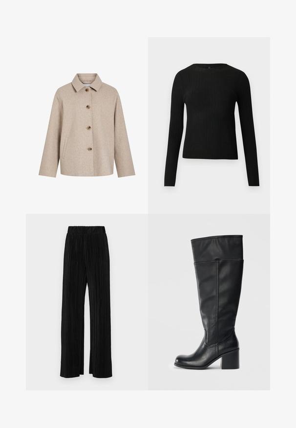 Casaco em mistura de lã bege com colarinho, cinco botões castanhos, bolsos laterais e silhueta larga. Textura suave e design minimalista.; Suéter preto de mangas compridas com textura canelada, justo ao corpo, com um decote redondo, exibido contra um fundo claro e liso.; Calças pregueadas pretas com uma cintura elástica. Apresentam pernas largas e um tecido liso, texturizado com riscas verticais.; Botas de couro pretas até ao joelho, com salto bloco, textura suave e detalhe de costura nas laterais. Design simples e moderno.