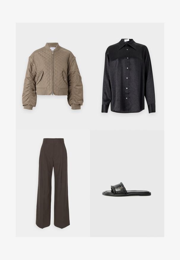 Prešani bomber jakna u svijetlosmeđoj boji s patentnim zatvaračem, rebrastim manžetama i donjim rubom, dva prednja džepa i jedan zip šuplji džep na ruci.; Crna košulja dugih rukava s ovratnikom, s naboranom teksturom, potpuno dugmadi naprijed i manžetama. Izrađena od glatkog materijala.; Tamno smeđi hlače širokih nogavica s visokim strukom, s uredno peglanim naborima, glatkom teksturom i krojem koji dobro pristaje.; Crne kožne sandale s pletenim detaljem na remenu, ravnim potplatom i elegantnim dizajnom. Glatka tekstura i minimalistički profil.