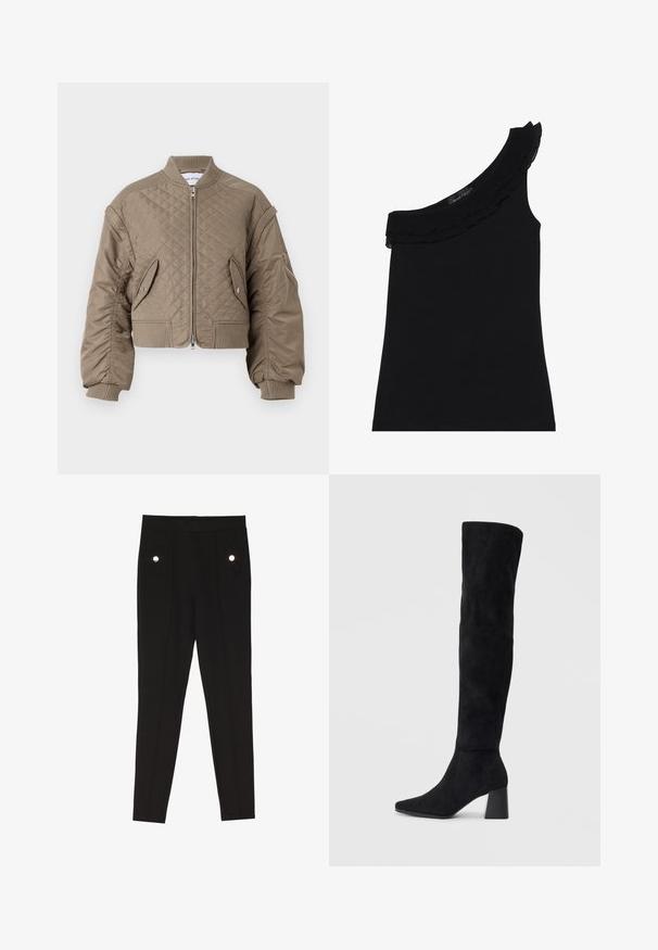 Kvalita bumbieru, gaišbrūns, ar rāvējslēdzēju, ribotām aprocēm un apakšmalu, divām priekšējām kabatām un vienu rāvējslēdzēja kabatu uz rokas.; Melnas topiņš ar vienu plecu un volānveida apkakli. Gluda, elastīga auduma struktūra. Vienkāršs un piegulošs dizains, bez papildus rakstiem vai akcentiem.; Melnas piegriezuma bikses ar gludu tekstūru, aprīkotas ar divām priekšējām kabatām ar dekoratīvām metāla apkārtēm un šauras piegriezuma dizainu.; Melna zamšāda līdz ceļiem, ar blokveida papēdi, norādītu purngalu un gludu, bezšuvju dizainu uz vienkārša gaiša fona.