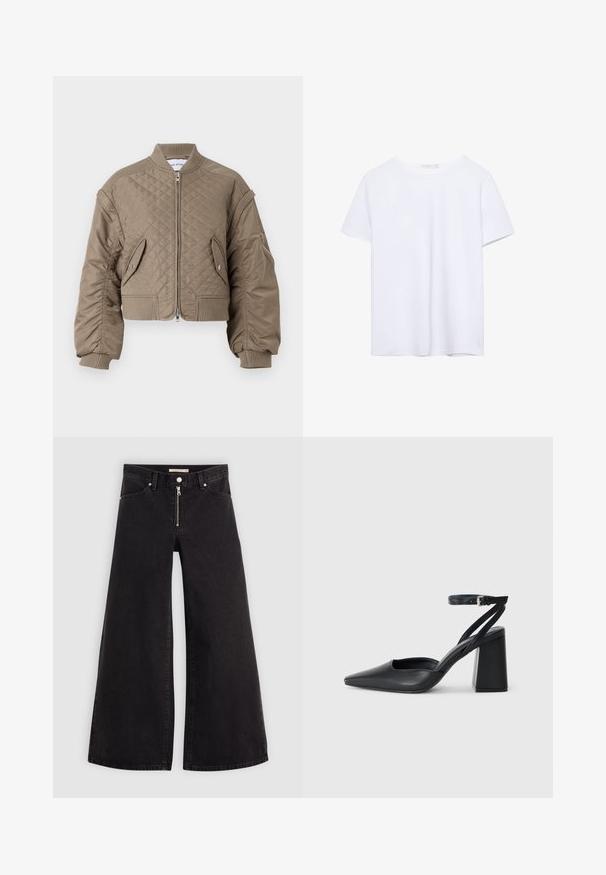 Kvatna bomber jakna svetlo rjave barve z zadrgo, rebrastimi manšetami in robom, dvema sprednjima žepoma in enim zadrgo zaprtim žepom na roki.; Čista bela majica s kratkimi rokavi in okroglim ovratnikom, z ravnim robom, prikazana na beli podlagi.; Široke traperice iz črnega denima z zadrgo spredaj, petimi žepi in diskretnimi šivi. Gladka tekstura in ležeren slog.; Črne usnjene klasične čevlje z ostrim nosom, z zaponko za gleženj in debelim peto. Ravna tekstura, eleganten dizajn in minimalistična estetika.