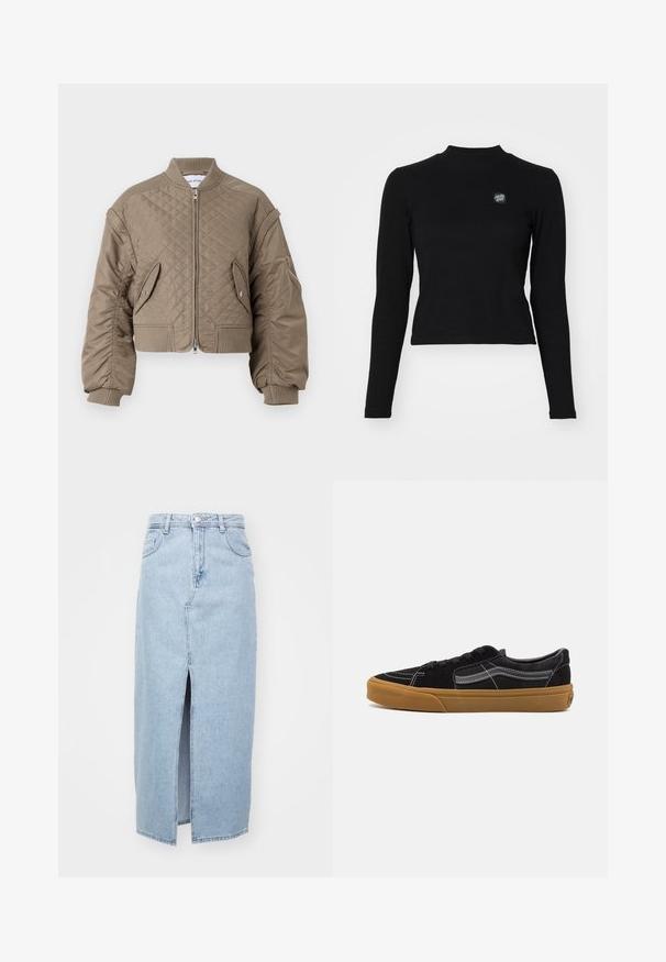 Nusidimas bomberis šviesiai rudos spalvos, su užtrauktuku, gipiūro rankovėmis ir apačia, dviem priekinėm kišenėm ir viena užtrauktuku užsegama kišene ant rankovės.; Juoda ilgomis rankovėmis palaidinė su juostele, aukštu kaklu ir mažuoju siuvinėtų logotipu kairiajame krūtinės šone. Palaidinė turi prigludusį trumpą dizainą.; Šviesiai mėlynas džinsinis sijonas su priekinėmis plyšio detalėmis, diržo kilpomis ir klasikinio penkių kišenių dizainu. Lygus paviršius su švariu užbaigimu.; Juodi suede sportbačiai su balta siūle ir firminiu šoniniu juosteliu, turintys rudą gumos padą ir žemo profilio dizainą. Su juodais raišteliais.