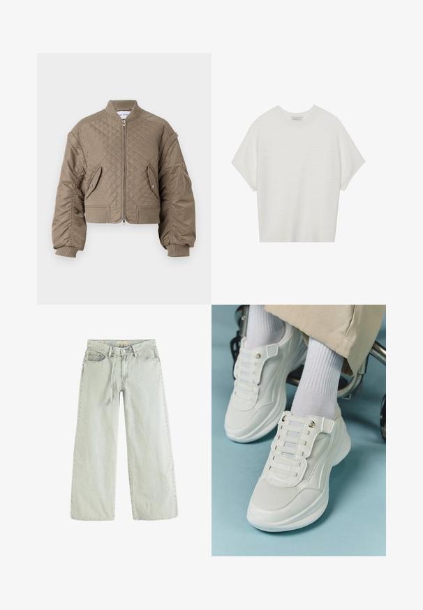 Chaqueta bomber acolchada en marrón claro con cierre de cremallera, puños y dobladillo acanalados, dos bolsillos frontales y un bolsillo con cremallera en el brazo.; Camiseta blanca de manga corta con cuello redondo amplio y patrón acanalado texturizado, hecha de una tela suave, con un corte relajado y un diseño limpio.; Levi's® Vaqueros boyfriend - capers-0040; Zapatillas blancas con material de malla, suela de goma, diseño sin cordones con bandas elásticas y detalles en tono dorado.