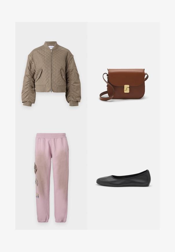 Quiltet bomberjakke i lysebrun med lynlås, ribbede ærmer og kant, to forlommer og en enkelt lynlåslomme på armen.; Hvid kortærmet t-shirt lavet af ribbet stof. Rund halsudskæring, almindelig pasform og subtile syninger. Ingen mønstre eller grafik.; Lyserøde sweatpants med elastisk talje, prydet med dekorative patches i diamantform på venstre side og elastiske manchetter ved anklerne.; Sort læderballetsko med rund tå, glat tekstur, minimal syning og et fleksibelt såldesign.; Brun læder håndtaske med flaplukning, hardware i gyldent tone, en skulderrem og en glat overflade. Kompakt rektangulær form.