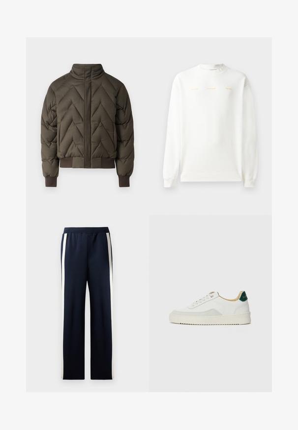 Olíva zöld, rövidített pufi dzseki bordázott mandzsettával és aljjal, cikkcakkos steppeléssel és magas gallérral. Sima textúrájú, könnyű.; Fehér pulóver kerek nyakkal, hosszú ujjakkal és bordázott mandzsettákkal. Az elülső részen arany színű nyomat található: "HZW (25-26) HOLZWEILER A NAP."; Tengerészek színű, széles lábbetétű melegítőnadrág, az oldalán függőleges krémszínű csíkkal. Puha, texturált anyagból készült, elasztikus derékrésszel.; Fehér sneaker suédé részletekkel, kerek orral, lapos fűzőkkel és krémszínű gumitalppal. Zöld logó található a sarkán.