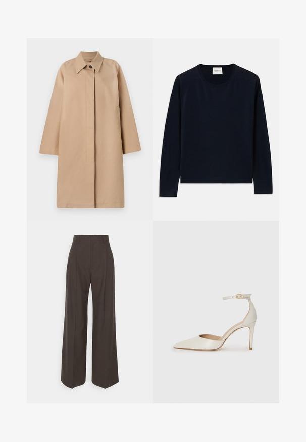 Bezs színű hosszú kabát, galléros nyakkal, egy gombos záródással, laza ujjakkal és oldalsó zsebekkel. Sima anyag és minimalista dizájn.; Sötétkék hosszú ujjú crewneck póló puha, sima anyagból, laza szabásban. Jellemzői a bordás díszítésű mandzsetta és szegély, címke a nyaknál.; Sötétbarna, bő szárú nadrág magas derékkal, tisztán vasalt redőkkel, sima textúrával és testhez simuló fazonnal.; Fehér bőr, magassarkú cipő hegyes orral, bokapánttal és vékony tűs sarkal. Simaszövet, finom fényes felülettel.