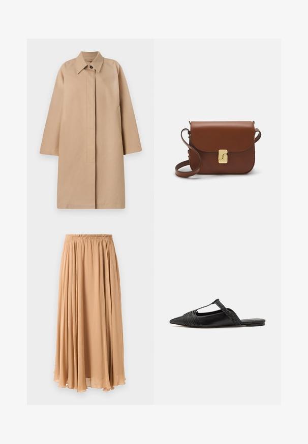 Casaco longo bege com gola, fecho de botão único, mangas largas e bolsos laterais. Tecido suave e design minimalista.; Sweater cropped de cor bege claro com gola alta com fecho, apresentando um padrão texturizado e mangas e bainha caneladas. Combina materiais tricotados e tecidos.; Saias maxi em bege claro, feitas de tecido leve. Apresenta um cós elástico franzido e pregas suaves para maior movimento.; Sapatilha slingback em couro preto com bico pontudo, apresentando um detalhe trançado e um design superior plissado. Sola plana com hardware mínimo.; Bolsa de couro castanho com fecho de aba, decoração em tom dourado, alça de ombro e textura suave. Formato retangular compacto.