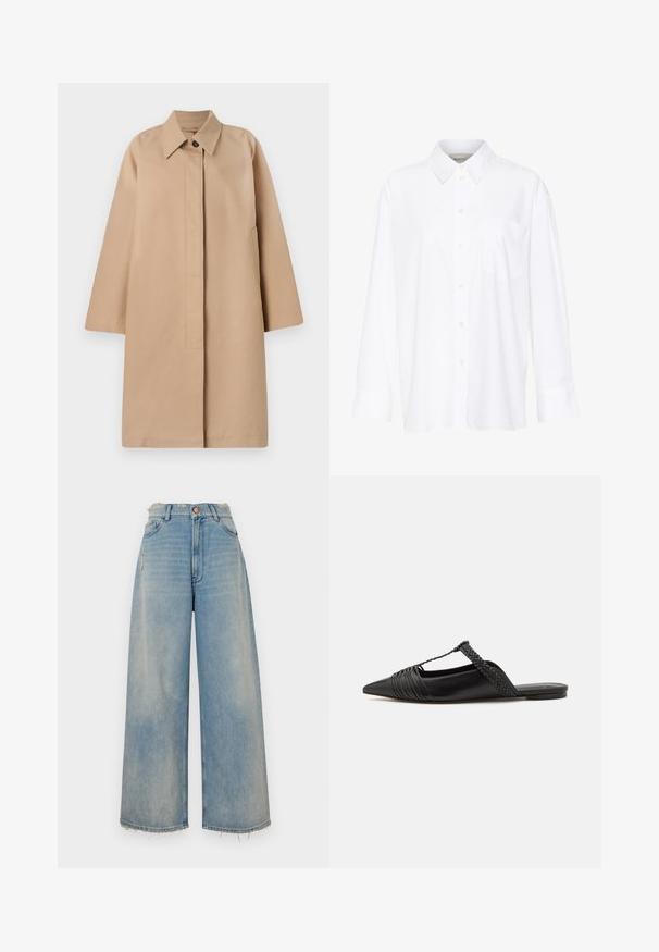 Beige pikk mantel kaelusega, ühe nööbi kinnitusega, laiad varrukad ja küljetaskud. Sile kangas ja minimalistlik disain.; Valge pika käisega krae särg, mis on valmistatud puuvillast. Omab nööbipaneeli esiosa ja ühte rinna taskut. Sujuv tekstuur, vabalt lõigatud.; Heledad hallhalli sinised teksad, millel on kulunud äär, viis taskut ja nööpkinnitus. Ees on kerge kulumisjälg.; Must kuulsad nahast kandadega kingad, millel on terav nina, koos kootud detaili ja volditud ülaosaga. Lame tald minimaalse riistvaraga.