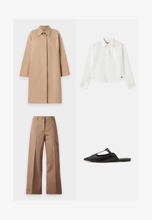 Bezs színű hosszú kabát, galléros nyakkal, egy gombos záródással, laza ujjakkal és oldalsó zsebekkel. Sima anyag és minimalista dizájn.; Fehér, rövidített hosszú ujjú, pamut ing. Gombos elülső résszel, mellzsebbel és egy kis fekete logóval a bal alsó részen.; Barna, bőszárú nadrág sima anyagból, elülső gombos zárással, két elülső zsebbel és tiszta, szabott vonalakkal.; Fekete bőr slingback cipő hegyes orral, szőtt díszítéssel és redőzött felső dizájnnal. Lapos talp minimális hardverrel.