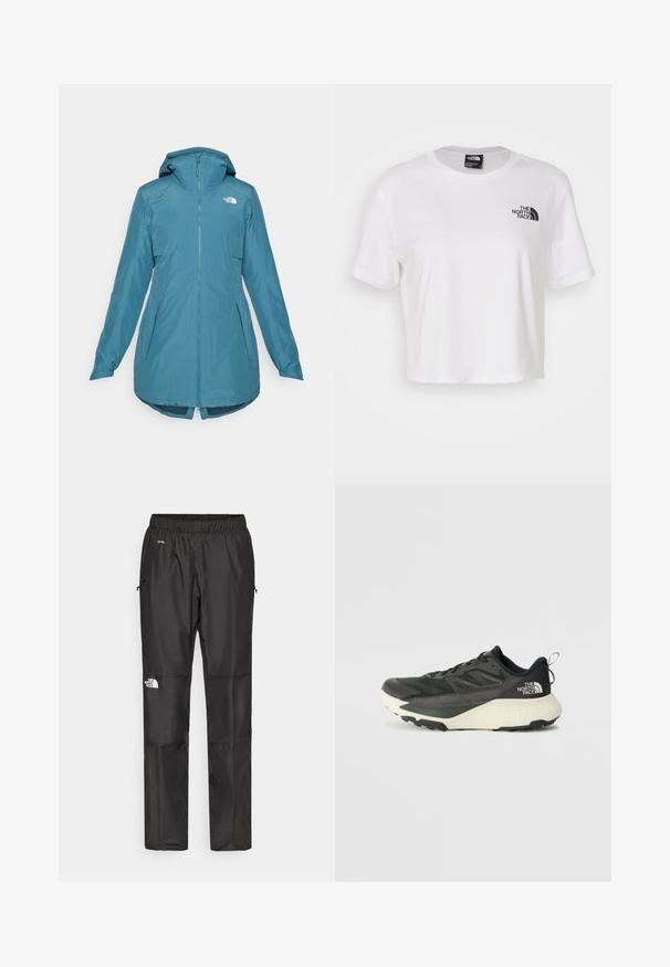 Teal waterproof jacket with a hood, zip front, and two side pockets. Features elastic cuffs and a longer back hem. Logo on upper left side.; White cropped t-shirt made of cotton with a round neckline and short sleeves. Features a black logo on the left chest.; Black waterproof pants made from lightweight fabric, featuring an elastic waistband, side pockets, and a logo on the left leg.; Black athletic shoe with a textured upper, featuring gray accents and a white midsole. Includes a pull tab and prominent brand logo on the heel.