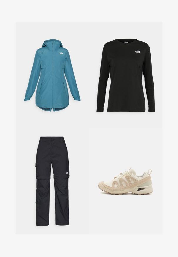 Niebieska wodoodporna kurtka z kapturem, z zamkiem z przodu i dwoma bocznymi kieszeniami. Posiada elastyczne mankiety i dłuższy tył. Logo na górnej lewej stronie.; Czarna koszulka z długim rękawem z bawełny z okrągłym dekoltem. Posiada niewielkie białe logo po lewej stronie na piersi. Prosty design i fason.; Czarne nylonowe spodnie cargo z odpinanymi nogawkami, regulowanymi mankietami, wieloma kieszeniami oraz logo na prawej nogawce. Gładka, lekka tekstura.; Beżowe i kremowe buty sportowe z teksturowanej siateczki, wspierającymi nakładkami oraz gumową podeszwą z wzorem bieżnika zapewniającym przyczepność.