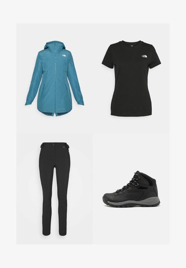 Tyrkysová nepromokavá bunda s kapucí, předním zipem a dvěma bočními kapsami. Obsahuje elastické manžety a delší zadní lem. Logo na horní levé straně.; Černé bavlněné tričko s kulatým výstřihem a krátkými rukávy. Výrazné bílé logo na horní levé straně. Hladká textura, ležérní střih.; Černé, přiléhavé kalhoty vyrobené z pružného materiálu. Mezi funkce patří boční kapsa na zip, anatomické kolena a hladký povrch.; Černé turistické boty s mírně vyšším střihem, které mají texturovaný svršek, šedé detaily a odolnou gumovou podrážku s trakčními výstupky.