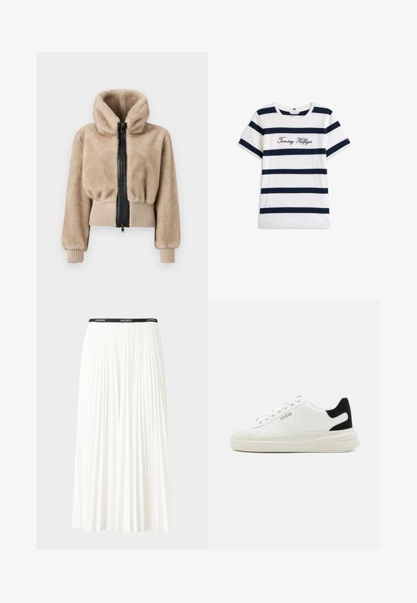 Bež jakna bomber iz umetnega krzna s kapuco, sprednjim črnim zadrgo ter rebrastimi manšetami in pasom. Mehka tekstura s skrajšanim dizajnom.; Bombažna majica s horizontalnimi mornarsko modrimi črtami na belem ozadju. "Tommy Hilfiger" izvezeno v kurzivni pisavi na prsih. Okrugli izrez.; Gubasta bela krila z črnim elastičnim pasom, ki nosi logotip "LACOSTE". Srednje dolga zasnova z mehkobo tkanine.; Bele usnjene športne copate z debelim belim podplatom, črnimi semišnimi detajli na peti in utisnjenim logotipom na strani. Zavezovanje s šestimi luknjicami.