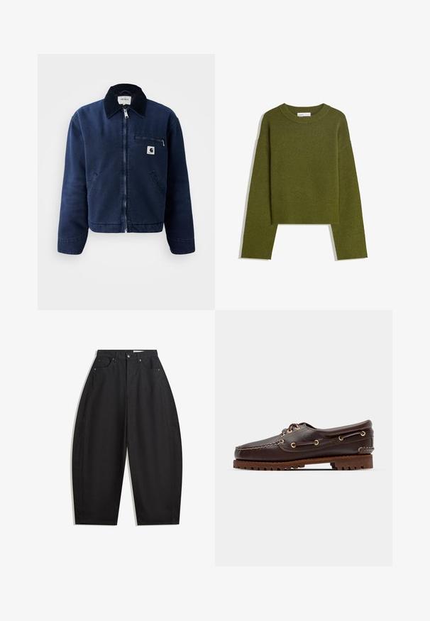Marineblaue Zip-Jacke mit schwarzem Kragen, zwei Fronttaschen, Brust-Reißverschlusstasche und kleinem Carhartt-Logo-Patch auf der linken Brust.; Olivgrüner Strickpullover mit Rundhalsausschnitt, langen Ärmeln und geripptem Saum. Verfügt über ein kurzes Design mit einer weichen, strukturierten Oberfläche.; Schwarze weit geschnittene Hosen aus Baumwolle mit hoher Taille, fünf Taschen und Metallknopfverschluss. Glatte Textur und keine sichtbaren Muster.; Braune Lederbootsschuhe mit goldenen Ösen, runden Schnürsenkeln und einer strukturierten braunen Gummisohle. Verfügt über genähte Details und ein erhabenes Logo.