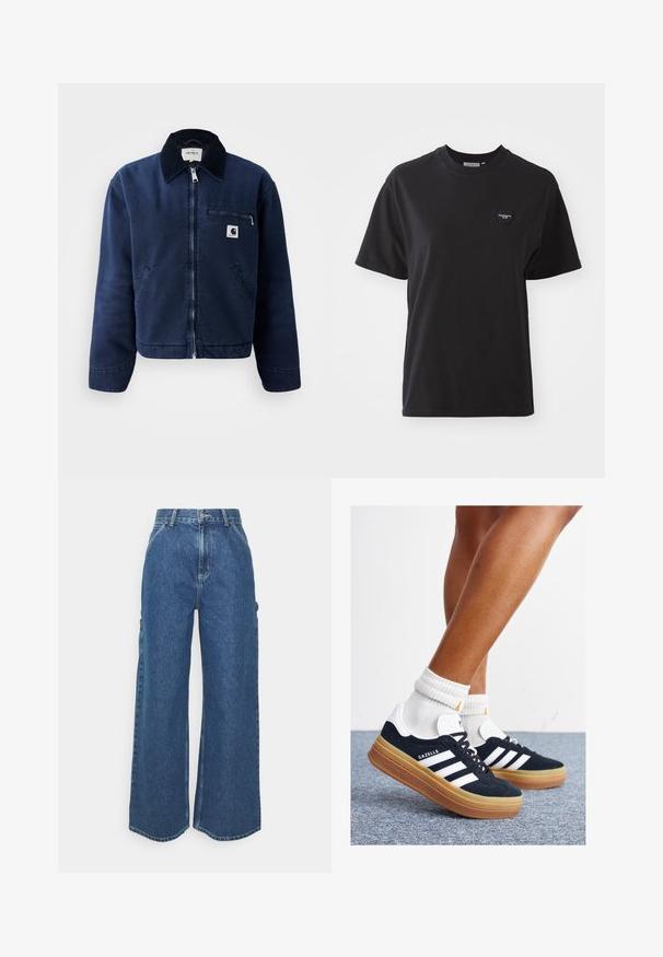 Chaqueta de cremallera azul marino con cuello negro, dos bolsillos frontales, bolsillo con cremallera en el pecho y pequeño parche con el logo de Carhartt en el lado izquierdo del pecho.; Camiseta de algodón negra con cuello redondo, mangas cortas y un pequeño logotipo en forma de corazón en la parte superior izquierda. Textura suave, corte relajado.; Pantalones vaqueros de pierna ancha en azul con cintura alta, costuras en contraste y bolsillos laterales, que cuentan con un diseño clásico de cinco bolsillos y dobladillos sin rematar.; Zapatillas deportivas de gamuza negra con rayas y detalles blancos, puntera redondeada, suela de goma color caramelo, combinadas con calcetines blancos acanalados a la altura del tobillo.