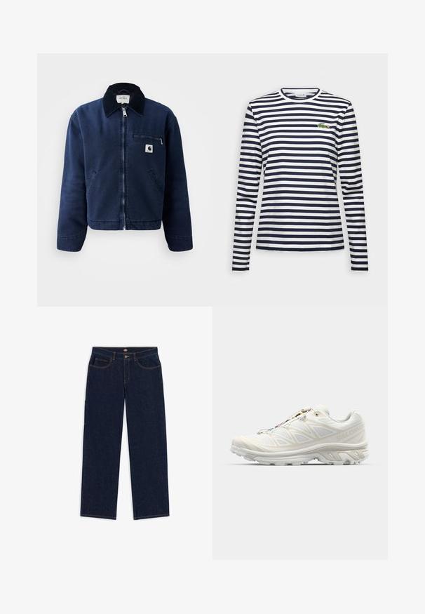 Námořnická modrá zipová bunda s černým límcem, dvěma předními kapsami, kapsičkou na zip na hrudi a malou nášivkou s logem Carhartt na levé straně hrudi.; Tričko s dlouhým rukávem v námořnickém modro-bílém pruhu, kulatým výstřihem a vyšívaným zeleným logem krokodýla na hrudi.; Tmavě modré džíny se rovného střihu, pěti kapsami a kontrastním oranžovým prošitím. Pas zahrnuje kovový knoflík a zip.; Bílé běžecké boty s prodyšným síťovým svrškem, texturovanými detaily a polstrovanou podrážkou. Obsahují rychlou šněrovací systém pro snadné obutí.