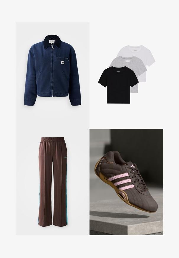 Jachetă cu fermoar de culoare albastru marin, cu guler negru, două buzunare frontale, buzunar cu fermoar pe piept și o mică etichetă cu logo Carhartt pe partea stângă a pieptului.; Set de trei tricouri cu mâneci scurte, în negru, gri și alb. Fabricate din bumbac, cu guler rotund și un design simplu, de culoare uniformă.; Pantaloni atletici maro cu textură canelată, talie elastică și dungi turcoaz pe lateral. Prezintă logo-ul adidas pe față.; Pantofii sport din nubuc maro cu dungi și logo roz, având un material superior texturat, închidere cu șireturi și o talpă din cauciuc gumos.