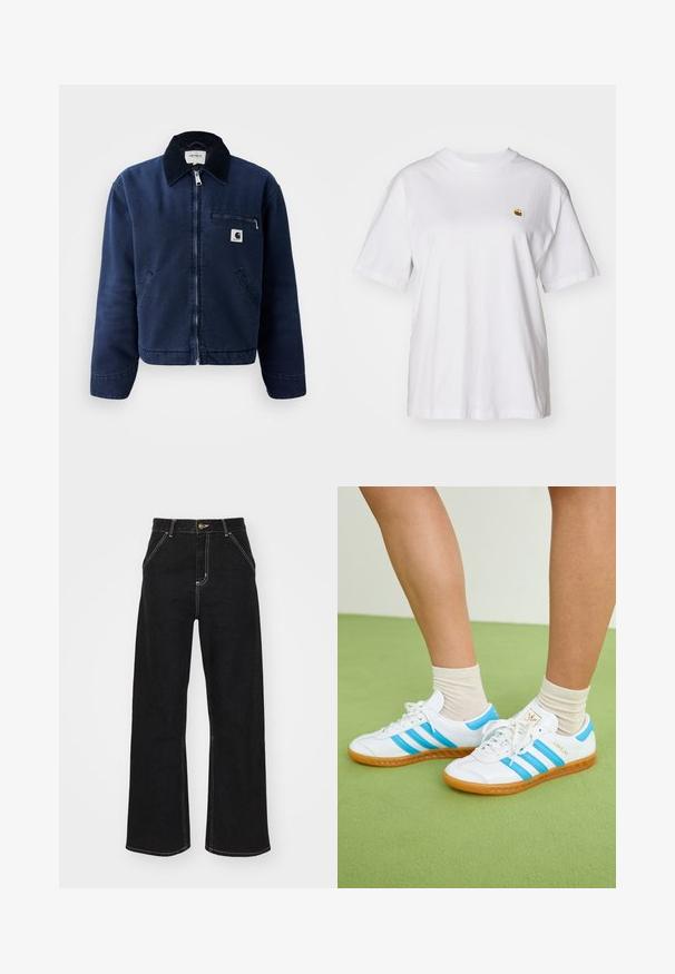 Marineblå zip-up jakke med sort krage, to frontlommer, brystlomme med glidelås, og liten Carhartt-logo-patch på venstre bryst.; Hvit bomulls t-skjorte med avslappet passform, korte ermer og en liten brodert logo på venstre brystområde.; Svarte vide jeans laget av denim, med kontrasterende hvite sømmer og en frontknapplukking, samt to skrå frontlommer.; Hvite sneakers med lyseblå striper, gummisåle og snøring. Har gullmerke og en glatt skinnaktig tekstur.