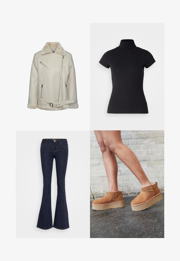 Pieces NORA AVIATOR - Jacka i konstläder - birch; Svart, kortärmad polotröja i ribbat tyg med en smal passform och hög krage. Enkel och strukturerad mönster.; Mörka jeans med utsvängd benform och åtsittande midja, med en knappstängning framtill, fem fickor och syningar längs benen.; Bruna mocka ankelskor med en fluffig foder, tjock beige plattformssula och en dragflik bak. Texturerad yta med synliga sömdetaljer.