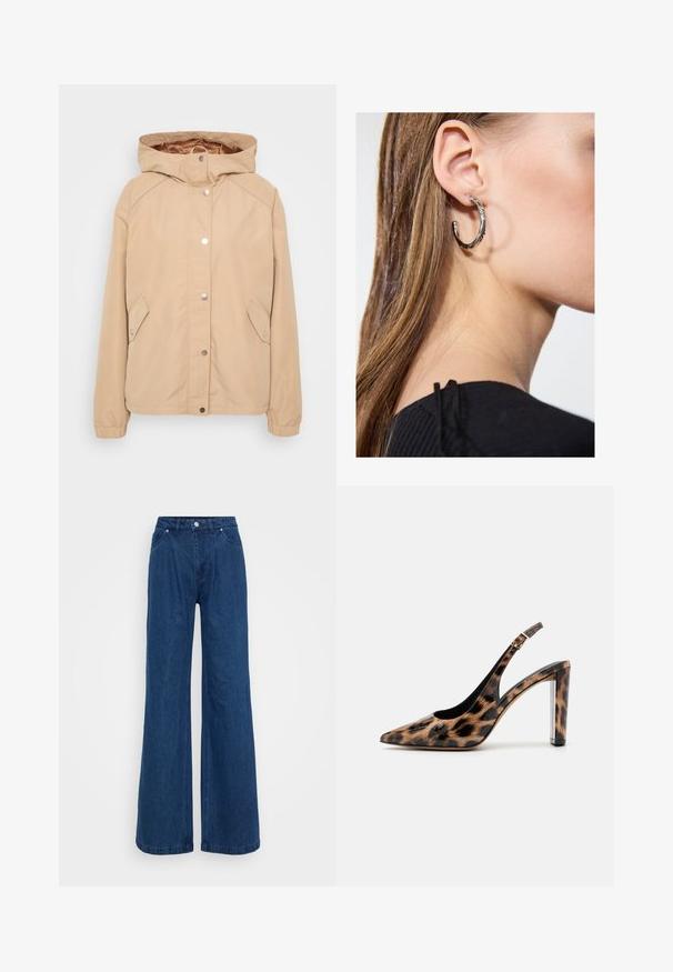 Beež kapuutsiga jakk, mis on varustatud nupplukuga, küljetaskutega, elastsete varrukatega ja siledaga tekstuuriga. Tugevdatud õlavarretukse seamised ja sisevooder on nähtavad.; Must mustriba lühikeste varrukatega T-särk, ümmarguse kaelusega. Pehme tekstuur ja vormiv disain, otsekandiga ja minimaalsete detailidega.; Hallise jalgadega sinised denim püksid kõrge vöökohaga, ees nupuga ja tõmbluku sulguri ning ees ja taga taskutega, lihtsa tausta ees.; Leopardimustriga saadaval sanga pump kõrge kontsaga, millel on terav varvas ja läbipaistev plokktald. Valmistatud läikivast materjalist, millel on sile tekstuur.; Hõbedane rõngas kõrvarõngas poleeritud viimistlusega, millel on väikesed kuldsed aktsendid ja ümmargune kuju, kantud lobus.