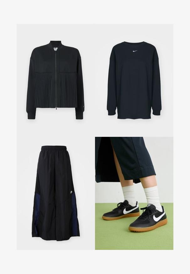 Black jacket with a zip front, featuring a smooth upper section and a pleated lower section. Comprised of soft, stretchable material.; Black long-sleeve T-shirt made of cotton with a crew neckline. Features a white Nike logo on the chest. Soft texture, simple design.; Black wide-leg pants made of lightweight fabric, featuring a navy blue side panel and an elastic waistband. Small white logo on bottom.; Black leather and synthetic sneakers with white Nike swoosh, rubber gum sole, round toe, and black laces. Ribbed white socks visible.