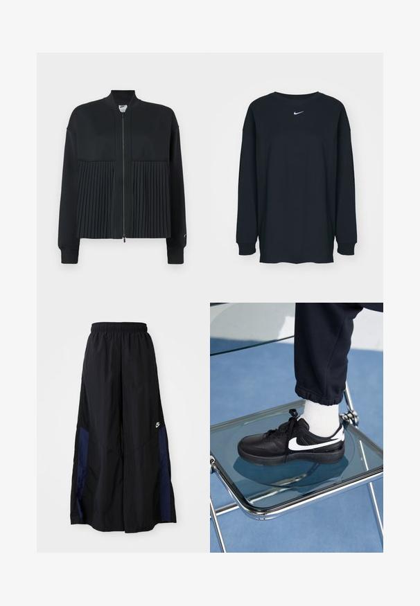 Black jacket with a zip front, featuring a smooth upper section and a pleated lower section. Comprised of soft, stretchable material.; Black long-sleeve T-shirt made of cotton with a crew neckline. Features a white Nike logo on the chest. Soft texture, simple design.; Black wide-leg pants made of lightweight fabric, featuring a navy blue side panel and an elastic waistband. Small white logo on bottom.; Black Nike sneakers with white accents, featuring a smooth leather texture, lace-up design, and rounded toe, positioned on a glass chair.
