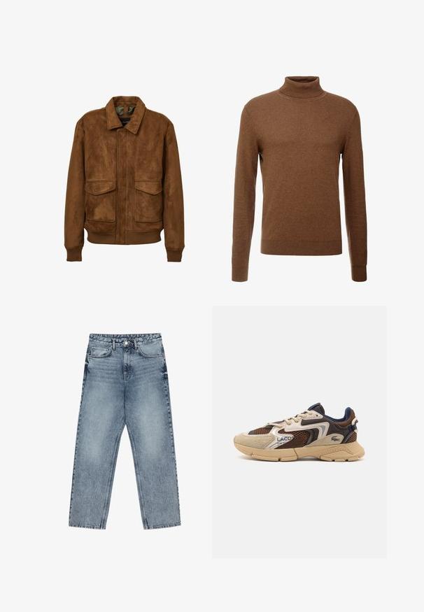 Giacca in faux suede marrone con colletto, due tasche a toppa frontali, polsini a coste e orlo. Texture liscia e vestibilità comoda.; Maglione dolcevita marrone realizzato in tessuto morbido, con maniche lunghe, polsini a coste e un design aderente senza motivi visibili.; Jeans in denim azzurro chiaro con taglio a gamba dritta, cuciture visibili, design a cinque tasche e chiusura a bottoni in vita.; Sneaker beige e marrone con pannelli in mesh testurizzati, accenti in suede e suola in gomma. Presenta un design con lacci e dettagli brandizzati.